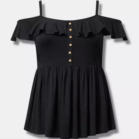 Elegant Black Ruffle Off-Shoulder Front Button Babydoll Top Size 1X - Picture 5 of 16